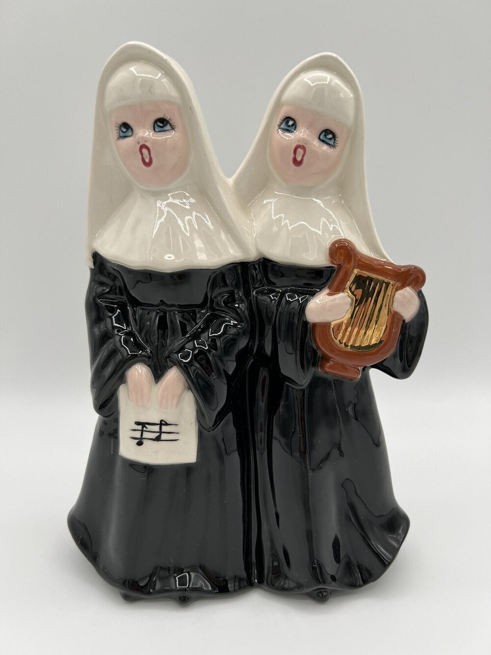 Hand Painted Ceramic Signing Nuns w Harp & Music Sheet 9” VNTG Christmas Kitsch